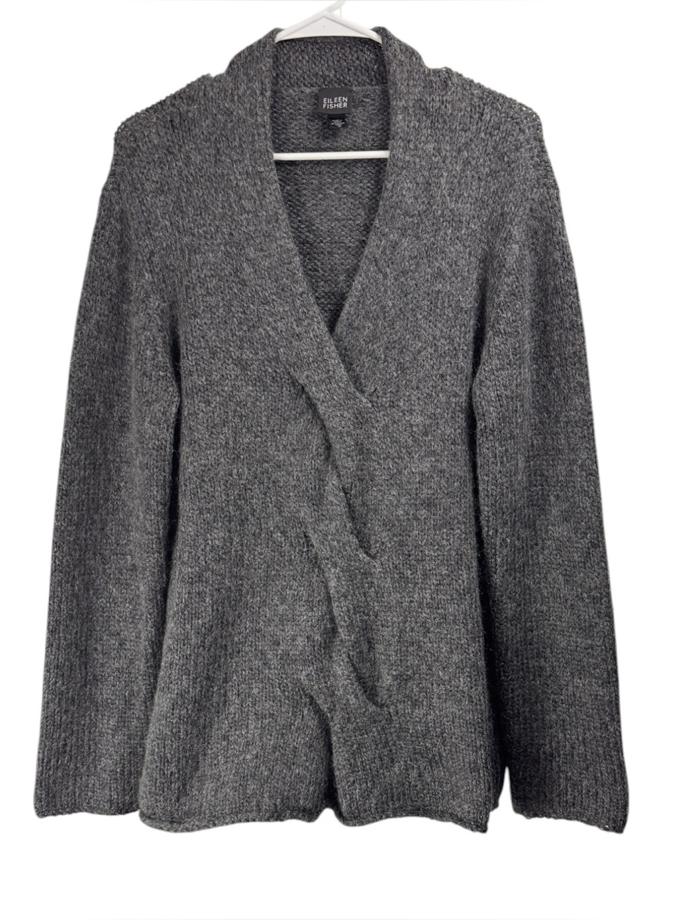 Eileen Fisher Sweater Size Medium Gray Chunky Twist Front Wool Mohair Cozy